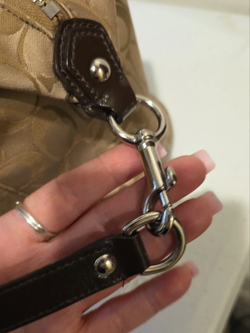 Coach Tan Signature Satchel with Dark Brown Patent Trim
